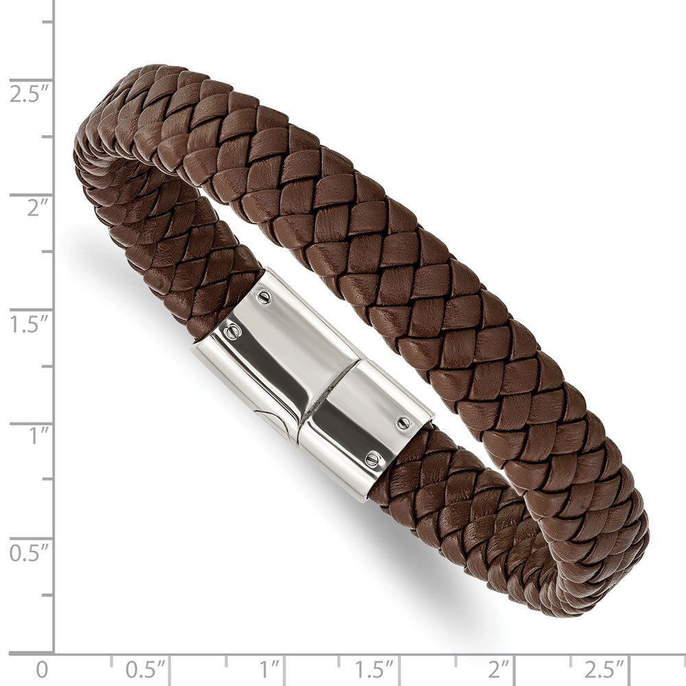 Stainless Steel Polished Braided Brown Leather 8.5in Bracelet 8.5 inches