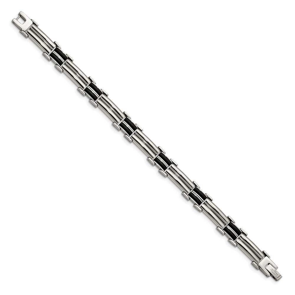 Stainless Steel Polished with Black Rubber Inlay 8in Bracelet 8 inches