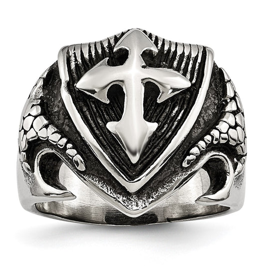 Stainless Steel Antiqued Polished and Textured Shield Ring Size - 10