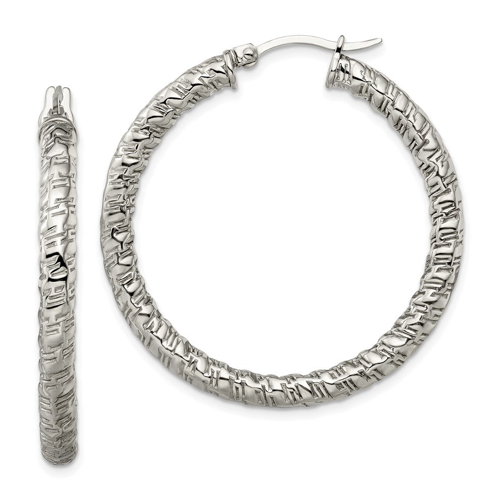 Stainless Steel Polished and Textured Hollow Hoop Earrings