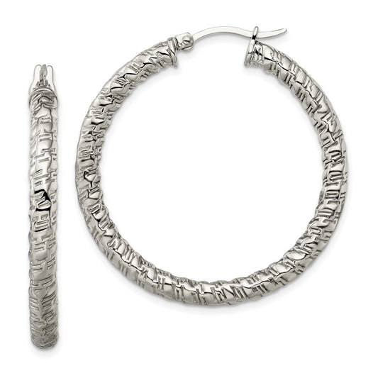 Stainless Steel Polished and Textured Hollow Hoop Earrings