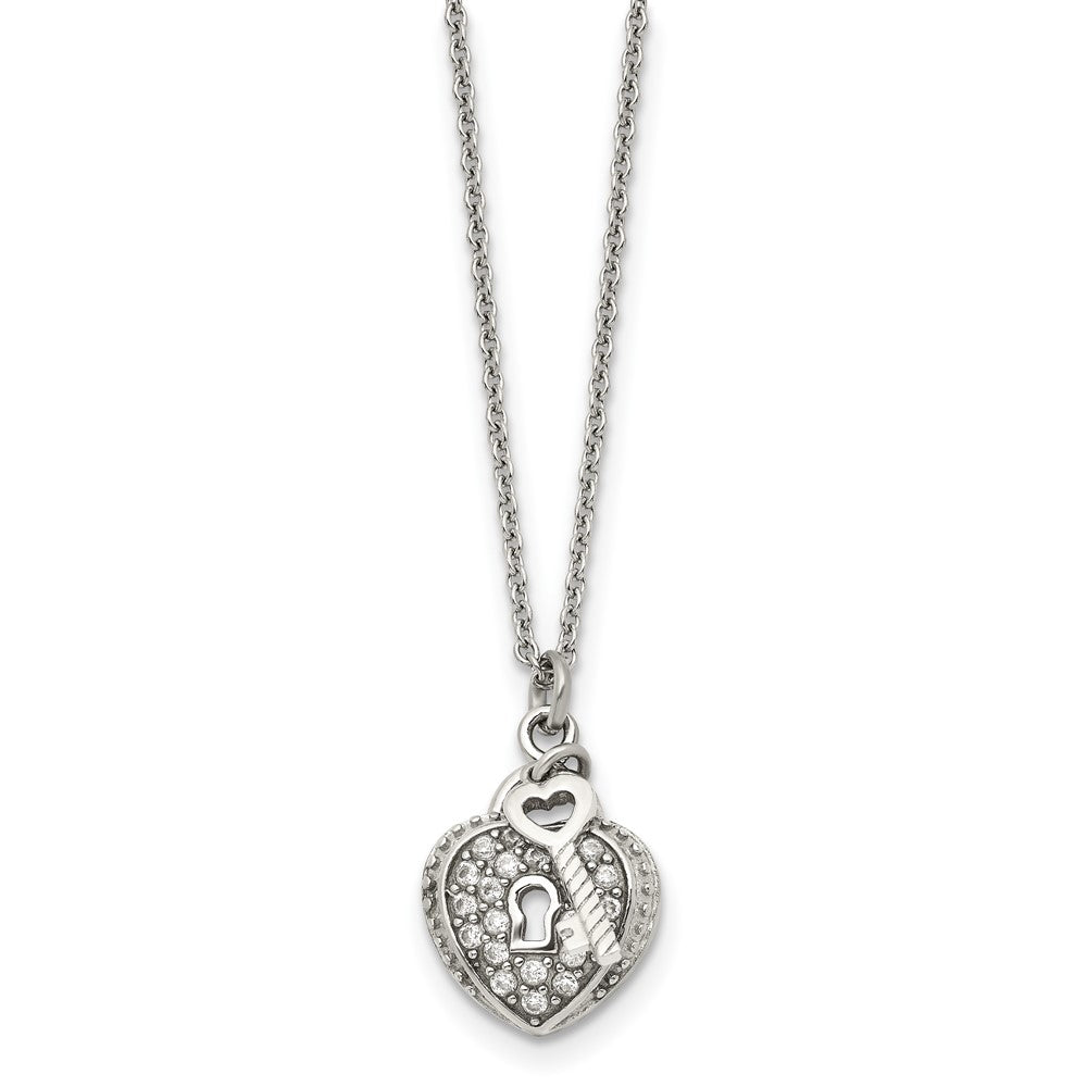 Stainless Steel Polished w/CZ Heart Lock and Key 18in Necklace