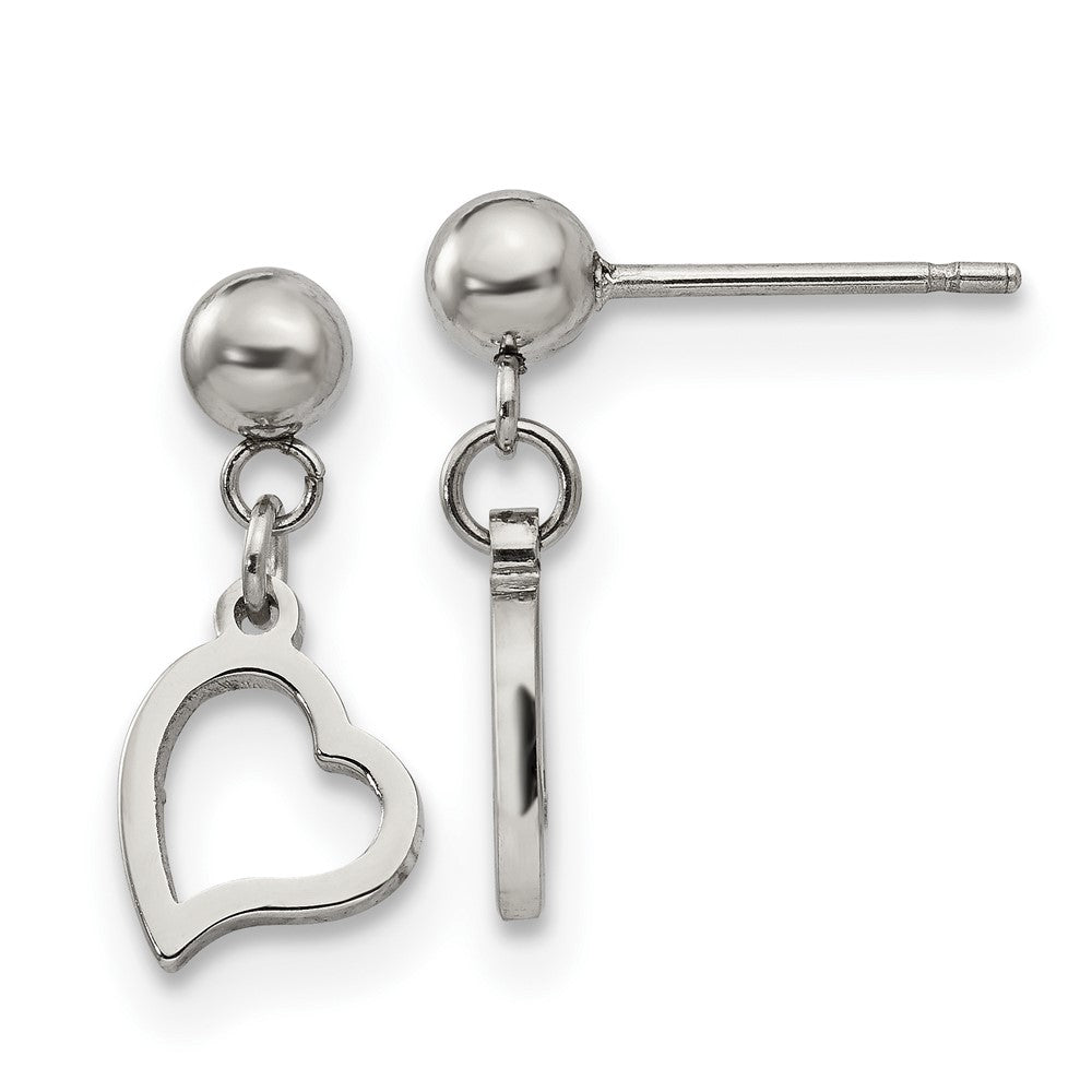 Stainless Steel Polished 5mm Ball Post Heart Dangle Earrings