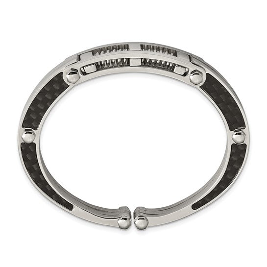 Stainless Steel Brushed and Polished Carbon Fiber Inlay Hinged Bangle 7 inches