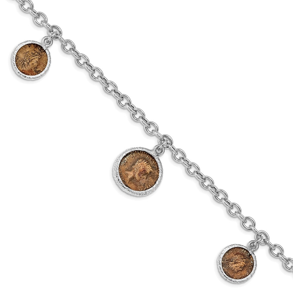 Sterling Silver Rhodium-plated Bronze Roman Coin Bracelet