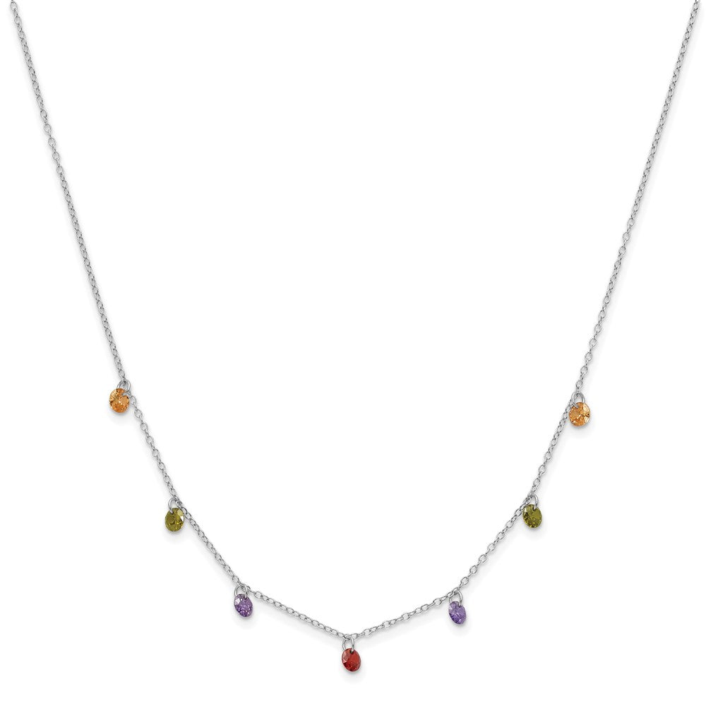 Prizma Sterling Silver Rhodium Plated 16 inch Dangling Colorful CZ Necklace with 2 inch Extender 16 Inches