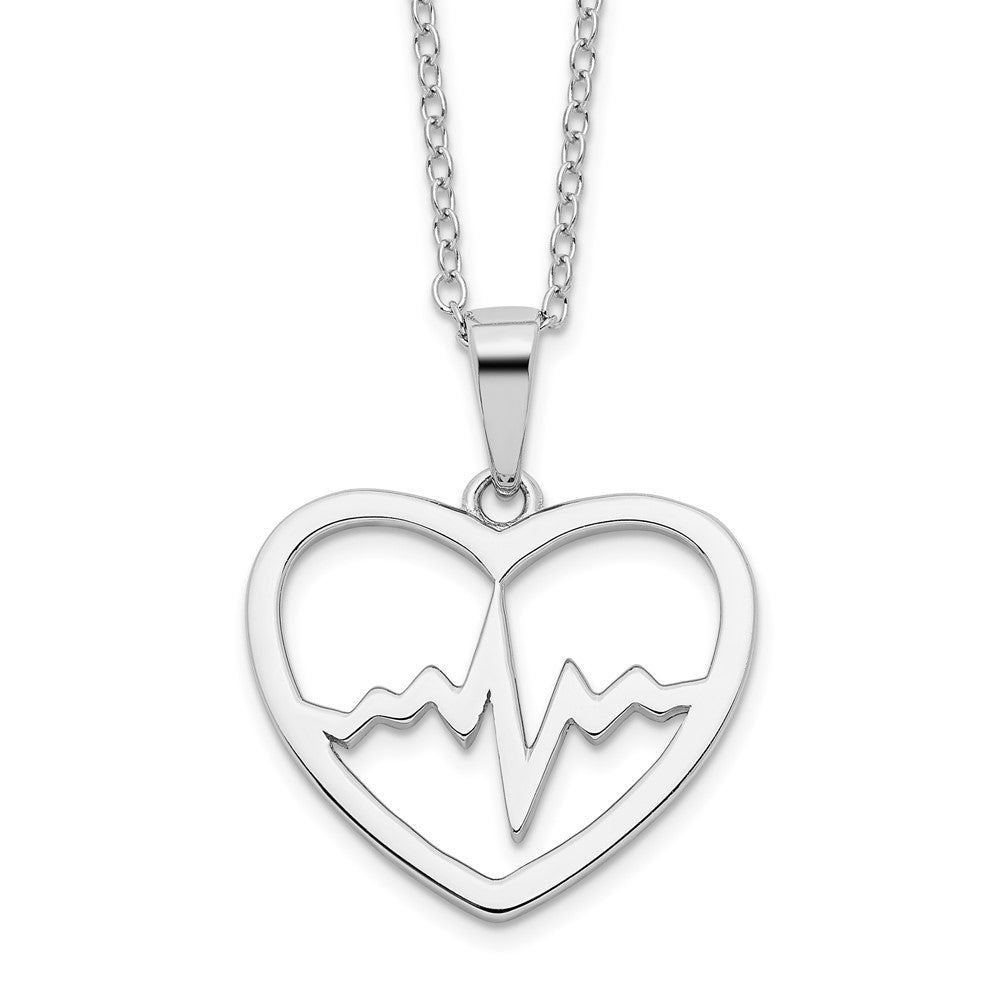 Sterling Silver Rhodium-plated Heartbeat in Heart 16in w/2in Ext Necklace 16 Inches