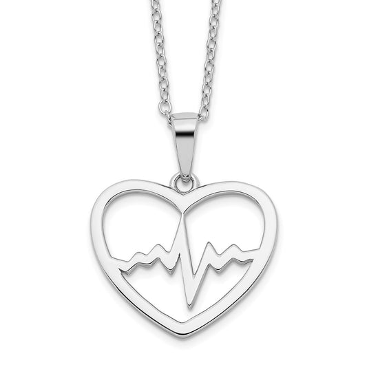 Sterling Silver Rhodium-plated Heartbeat in Heart 16in w/2in Ext Necklace 16 Inches