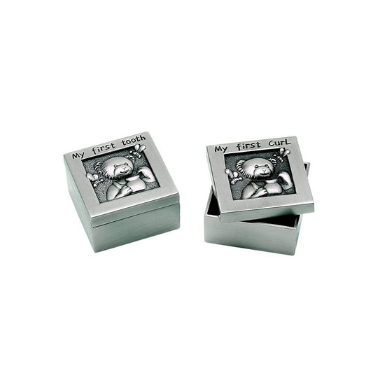 Creative Gifts International 023442 1.5 in. Pewter Finish 1st Tooth & Curl Boxes, Set of 2 - Silver