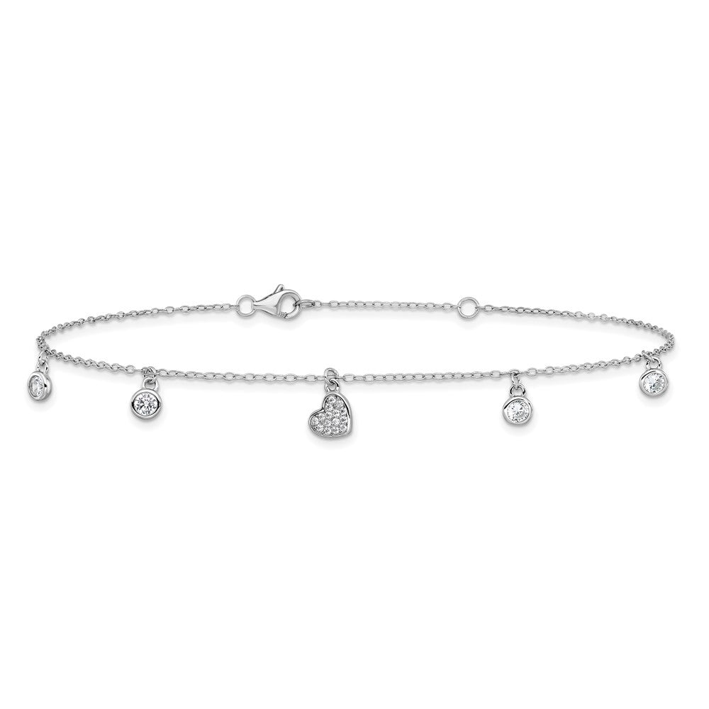Cheryl M Sterling Silver Rhodium-plated Polished CZ Heart 9.5 Inch with 1 Inch Extension Anklet 9.5 inches