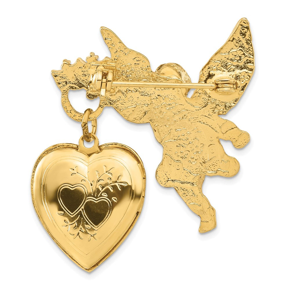 Symbols of Faith Gold-tone Angel Holding  20mm Dangle Heart Clear Crystal Cross Locket Pin Brooch Holds 2 Photos