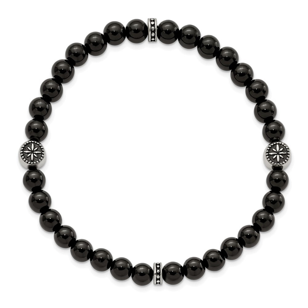 Stainless Steel Antiqued & Polished Black Agate Beaded Stretch Bracelet