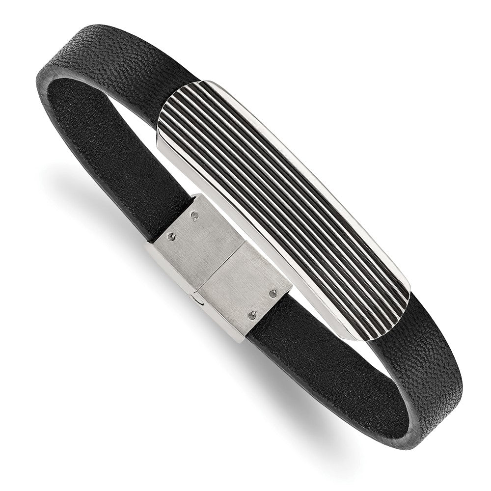 Stainless Steel Polished Enameled Black Leather 8.5in Bracelet 8.5 inches