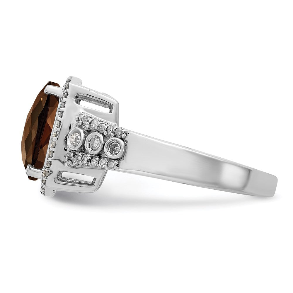 Sterling Silver Rhodium Diam. & Checker-Cut Smoky Quartz Ring