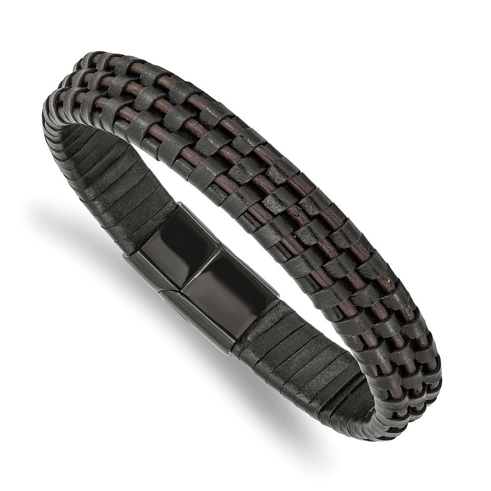 Stainless Steel Polished Black IP Black and Brown Leather 8.25in Bracelet 8.25 inches