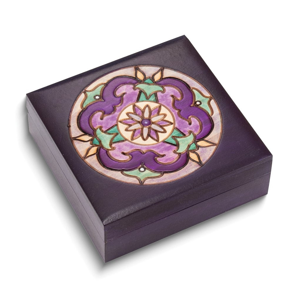 Handcrafted Solid Wood Purple Floral Carved and Painted Square Keepsake Box
