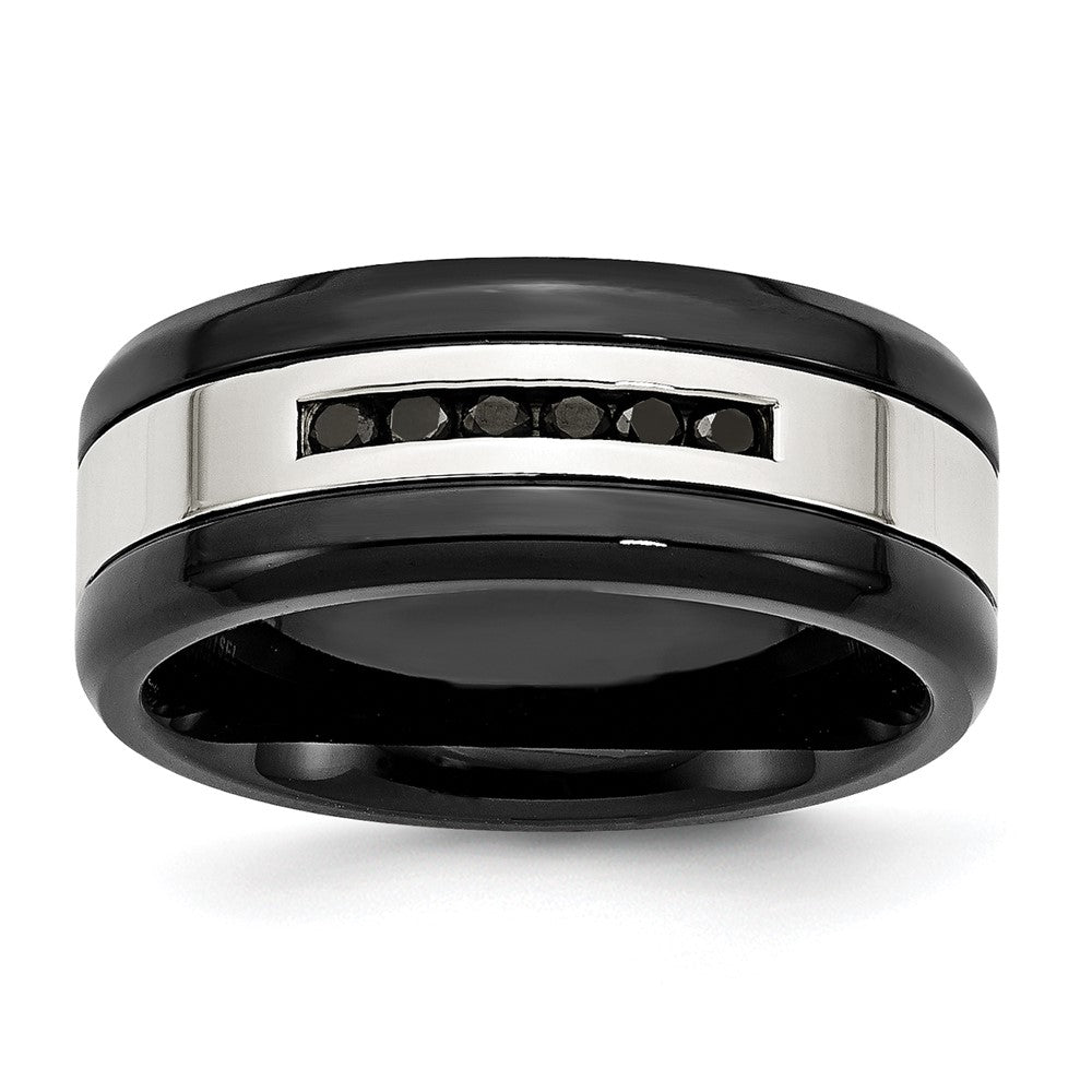 Stainless Steel Polished Black IP-plated 1/4ct Black Diamond 9mm Band Size - 11.5