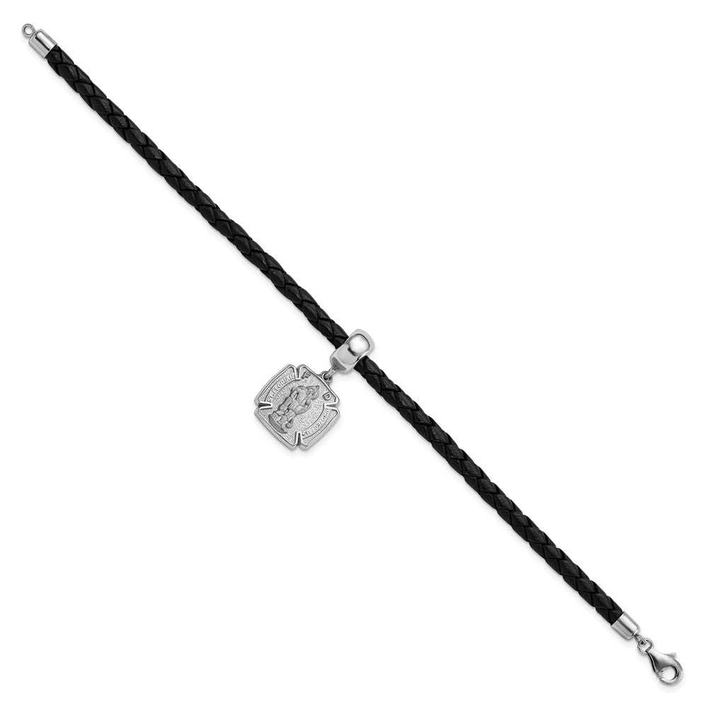 Sterling Silver St. Florian Charm Bead Black Leather Bracelet