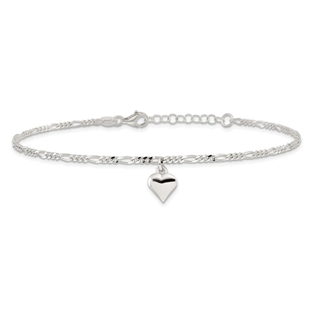 Sterling Silver Polished Heart 9 in Plus 1in ext. Anklet 9 inches