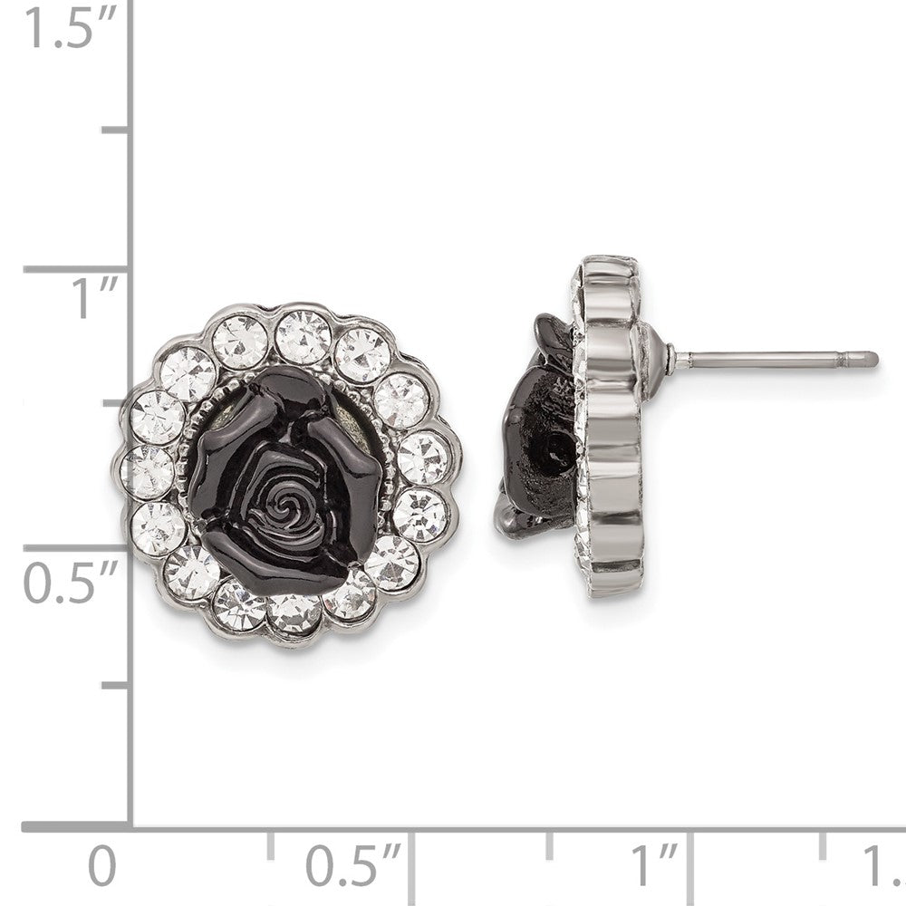 1928 Silver-tone Black Enamel Flowers & Crystal Post Earrings