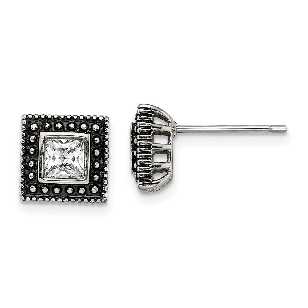 Stainless Steel Antiqued and Polished CZ Square Post Earrings