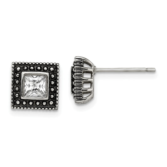 Stainless Steel Antiqued and Polished CZ Square Post Earrings