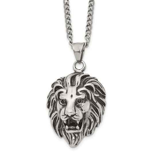 Stainless Steel Antiqued and Polished Lion Head 24in Necklace