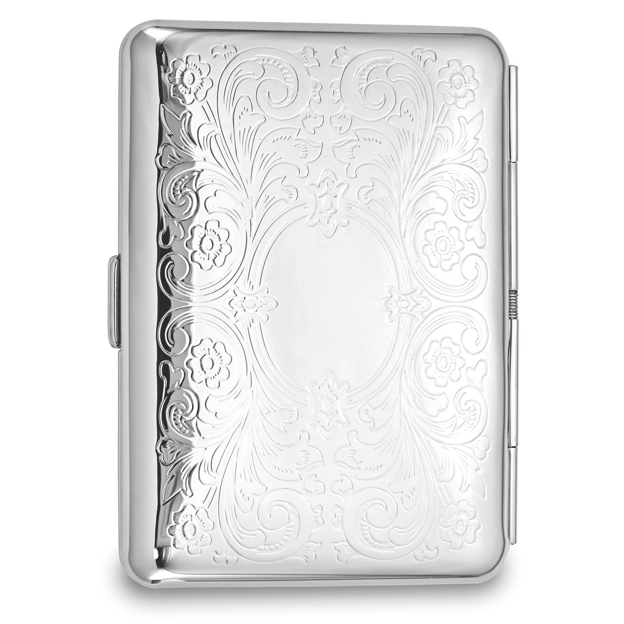 Silver-tone Scrolled Design Elastic Holder (Holds 14 king) Cigarette/Card Case with Engraving Area Q-GM12322