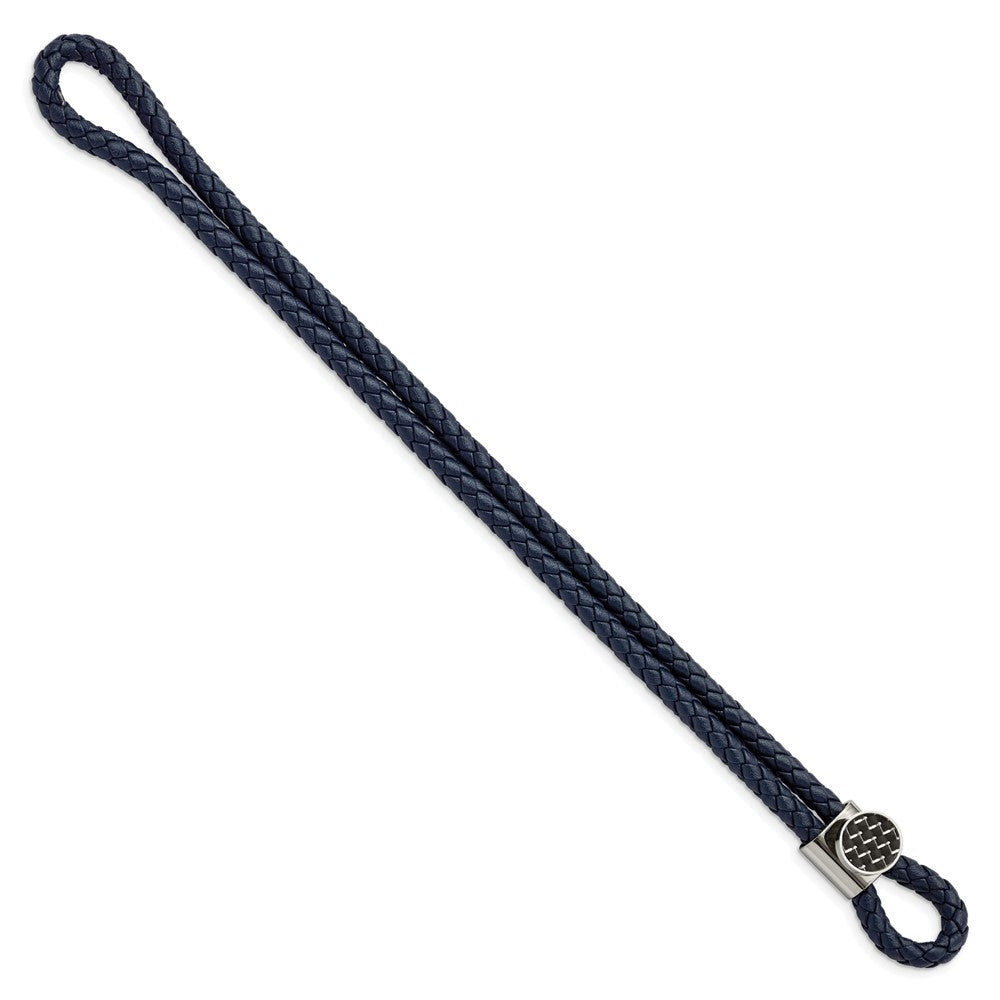 Stainless Steel Polished w/Carbon Fiber Inlay Navy Leather 8.5in Bracelet 8.5 inches