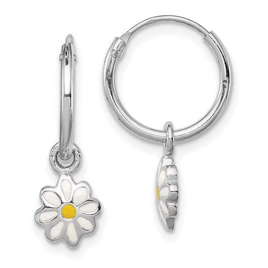 Sterling Silver Rhodium-plated Polished Yellow & White Enamel Daisy Dangle Children's Round Hoop Earrings