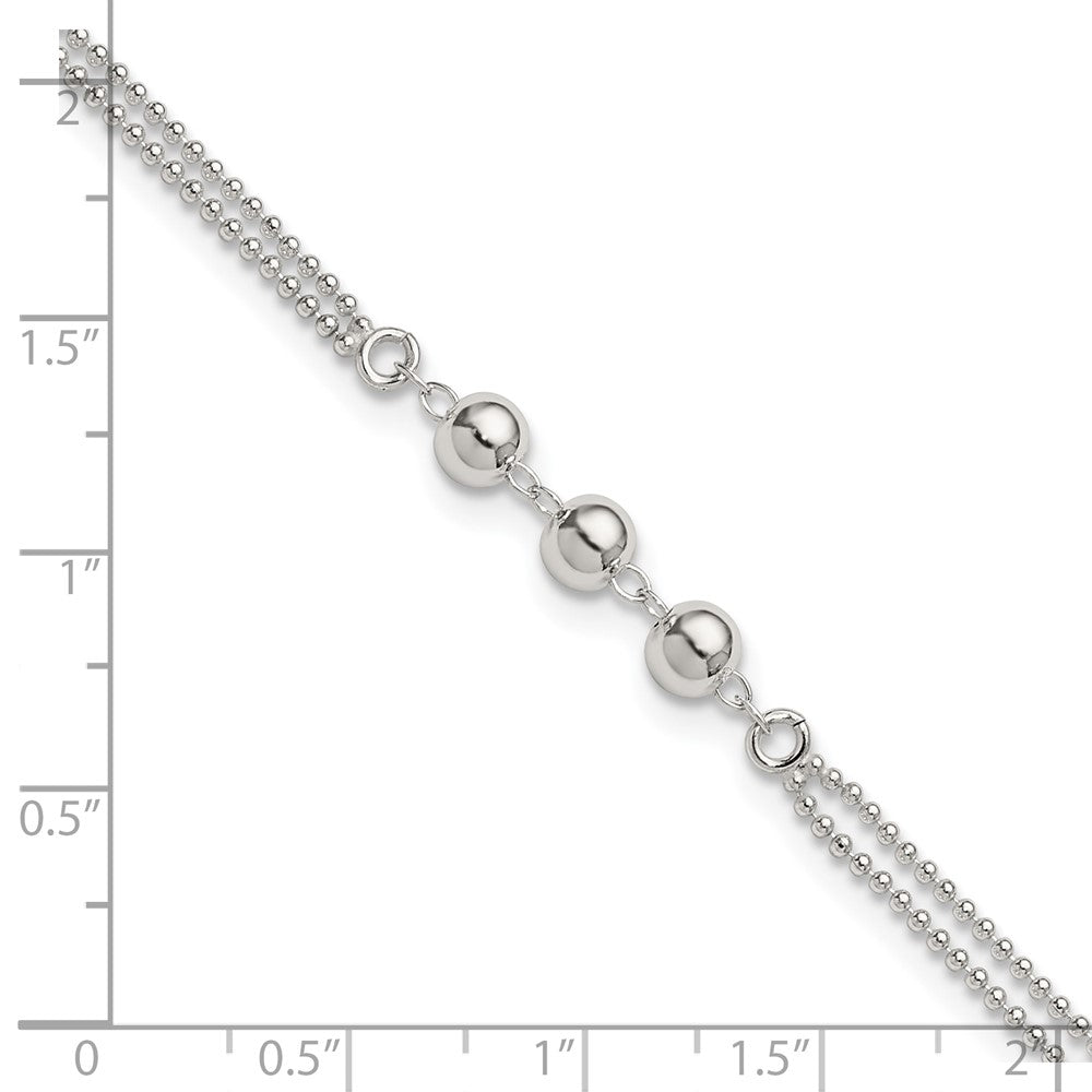 Sterling Silver Polished Beaded Double Strand 9 inch with 1 inch Extension Anklet