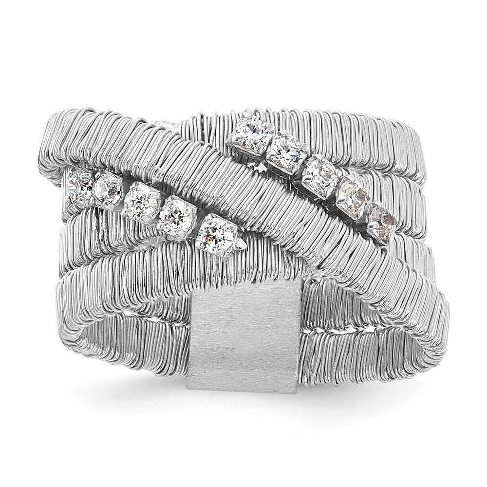 Sterling Silver Rhodium-plated CZ 4 Row Wire Wrapped Size 9 Ring