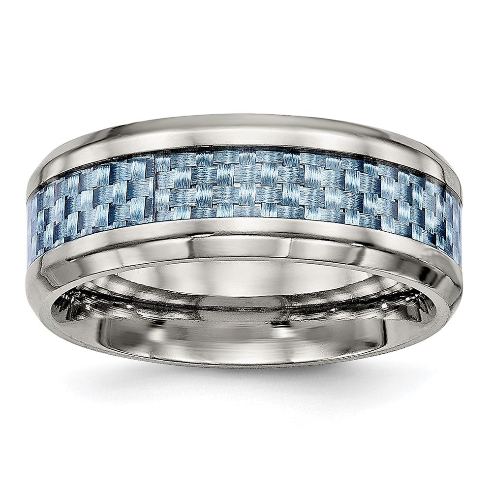 Stainless Steel Polished w/Light Blue Carbon Fiber Inlay 8mm Band Size - 9