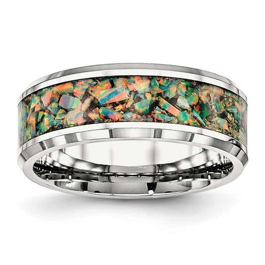 Stainless Steel Polished with Imitation Opal Inlay 8mm Band Size - 11