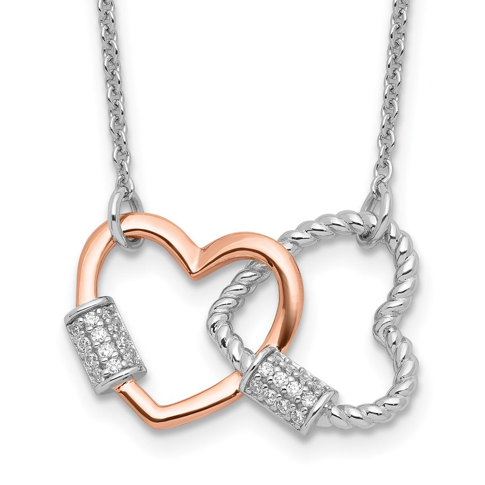 Sterling Silver Rh-plated Rose-tone Double Heart CZ w/2in ext Necklace 16 Inches