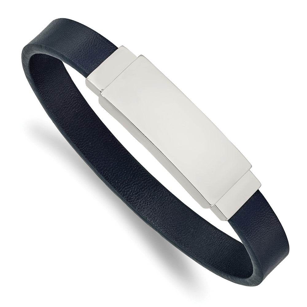 Stainless Steel Polished Navy Blue Leather 8.5in ID Bracelet 8.5 inches