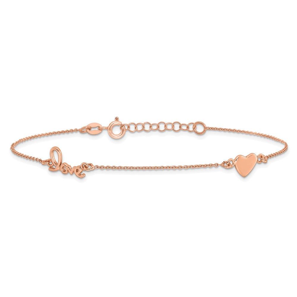 Sterling Silver Rose Tone Love and Heart 9in Plus 1in ext Anklet