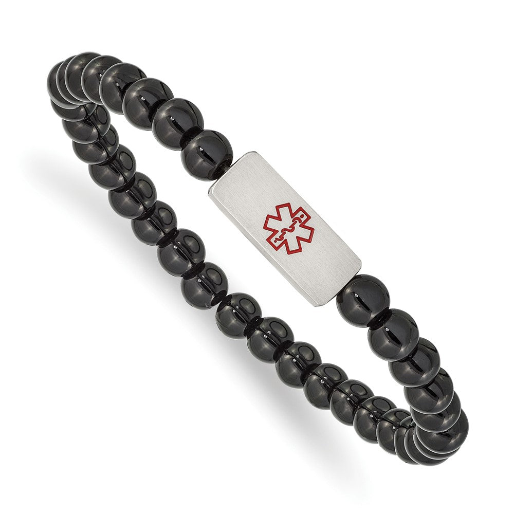 Stainless Steel Brushed Enamel Medical ID Plate Onyx Bead Stretch Bracelet