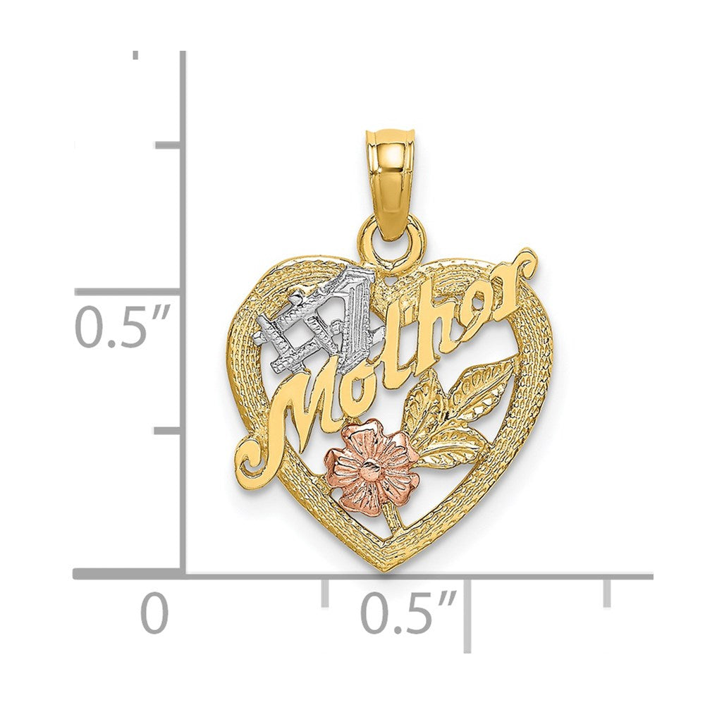 14K Two-tone w/White Rhodium #1 MOTHER Heart w/Flower Charm