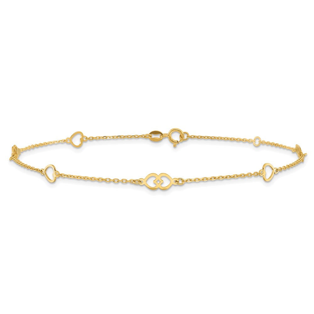 14K Polished Hearts 9in Plus 1 in ext. Anklet