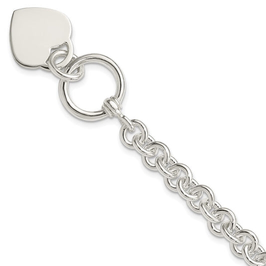 Sterling Silver Engraveable Heart Disc on Fancy Link Toggle Bracelet 7.75 inches