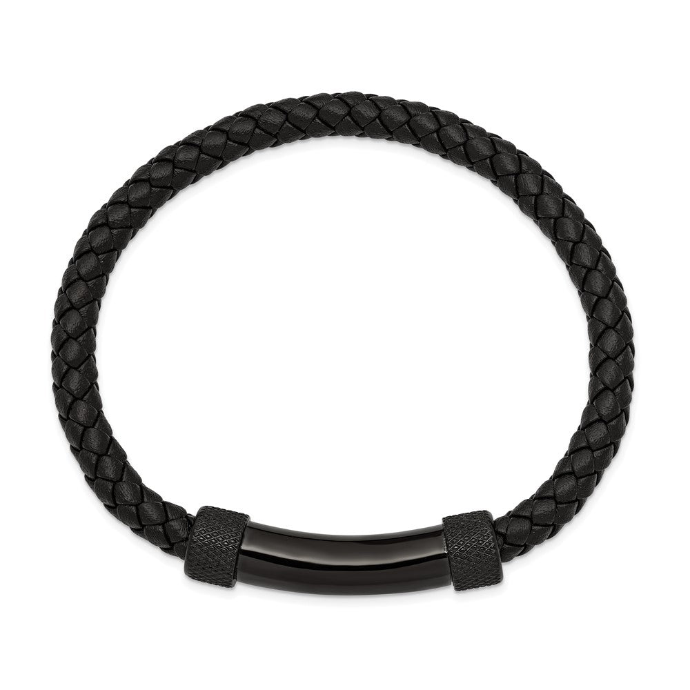 Stainless Steel Polished Black IP-plated Black Leather 8.25in Bracelet 8.25 inches