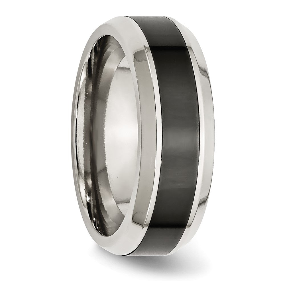 Stainless Steel Base w/Polished Black Ceramic Center Beveled Band Size - 7