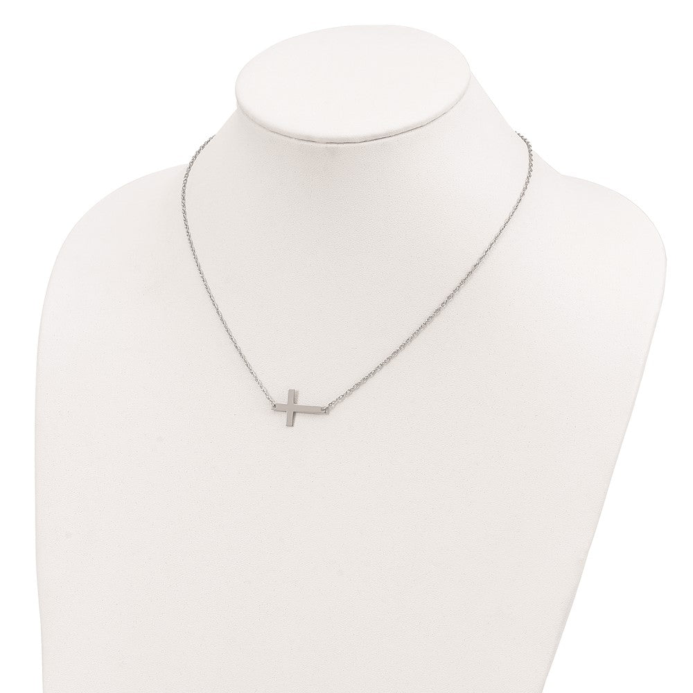 Sterling Silver Rhodium-plated Large Sideways Cross Necklace 18 Inches