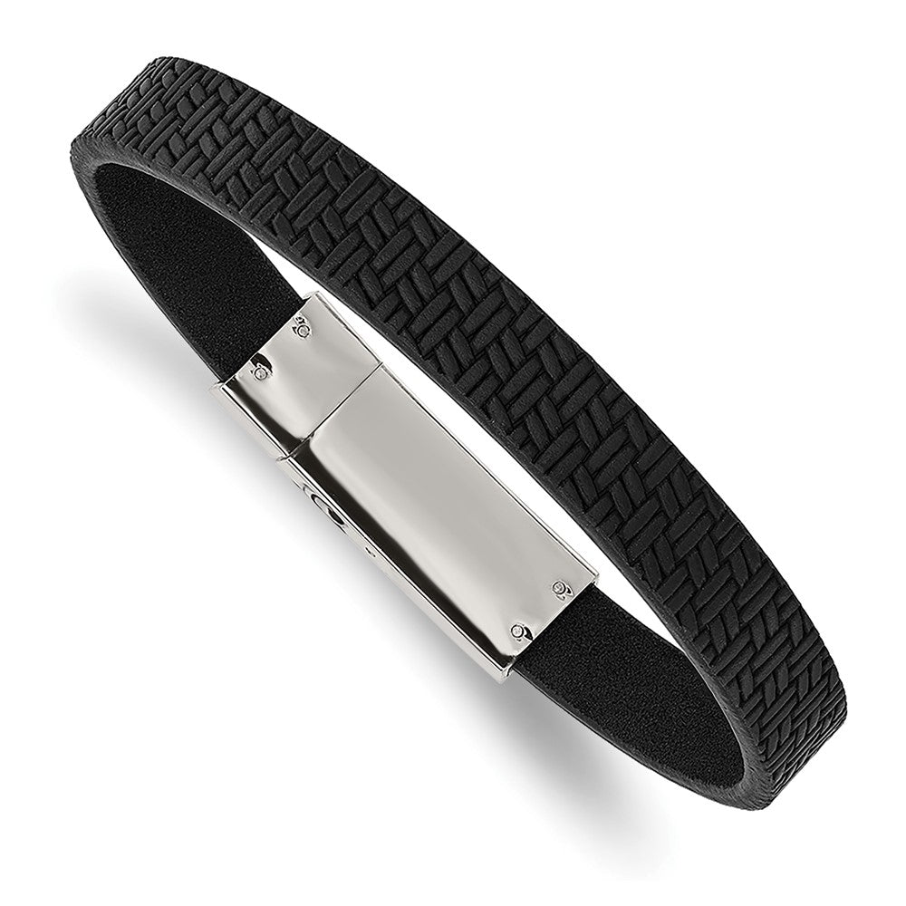 Stainless Steel Polished Textured Black Leather 8.5in Bracelet 8.5 inches