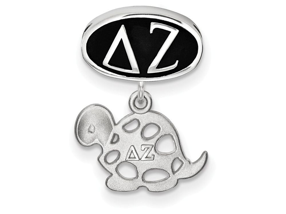 Sterling Silver LogoArt Delta Zeta Sorority Greek Letters Enameled Oval with Turtle Dangle Bead