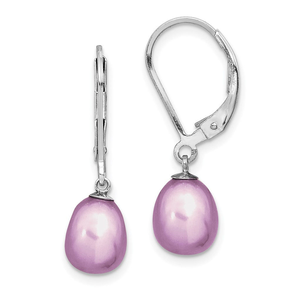Sterling Silver Rhodium-plated 7-8mm Purple Teardrop Freshwater Cultured Pearl Leverback Dangle Earrings
