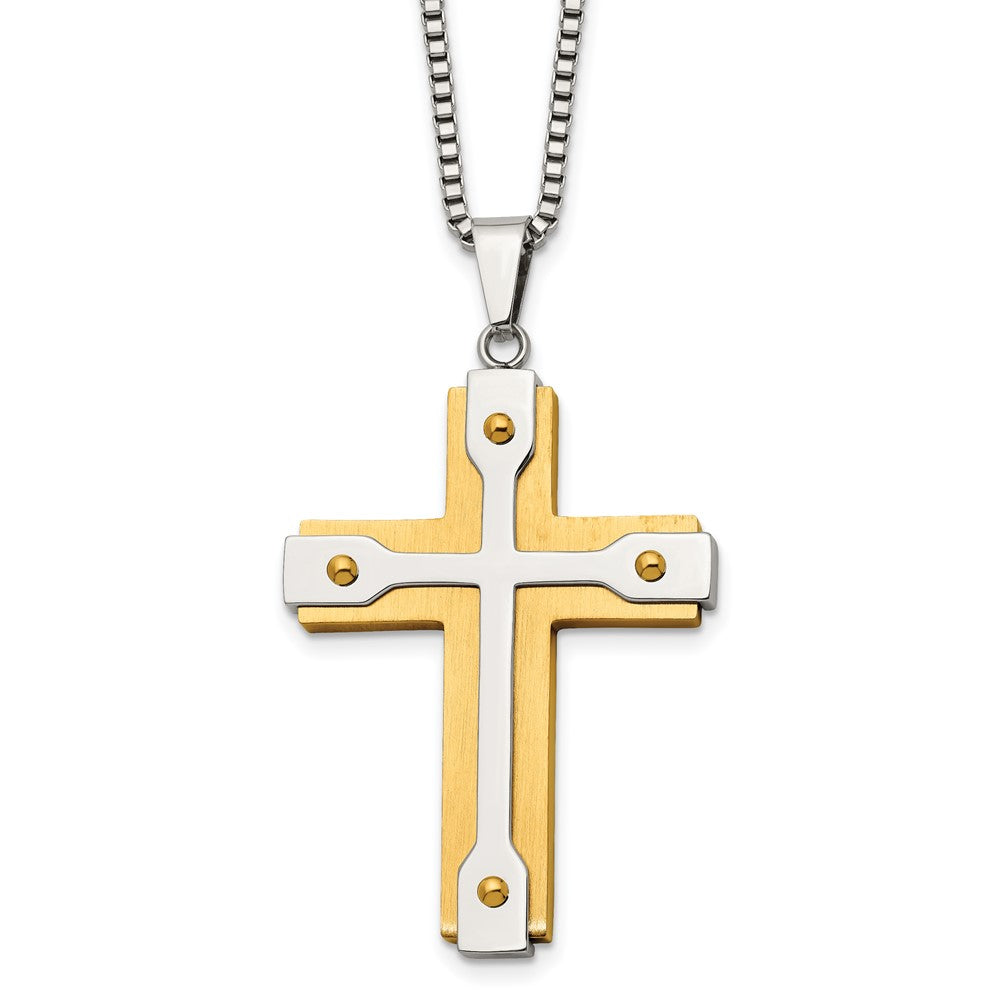Stainless Steel Brushed and Polished Yellow IP-plated Cross Necklace