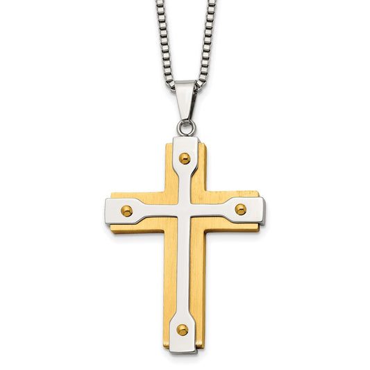 Stainless Steel Brushed and Polished Yellow IP-plated Cross Necklace