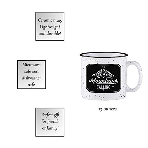 Mountains Are Calling White Speckle 13 ounce Glossy Ceramic Campfire Coffee Mug